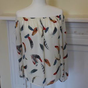 BLVD Off-the-Shoulder Feather Print Blouse